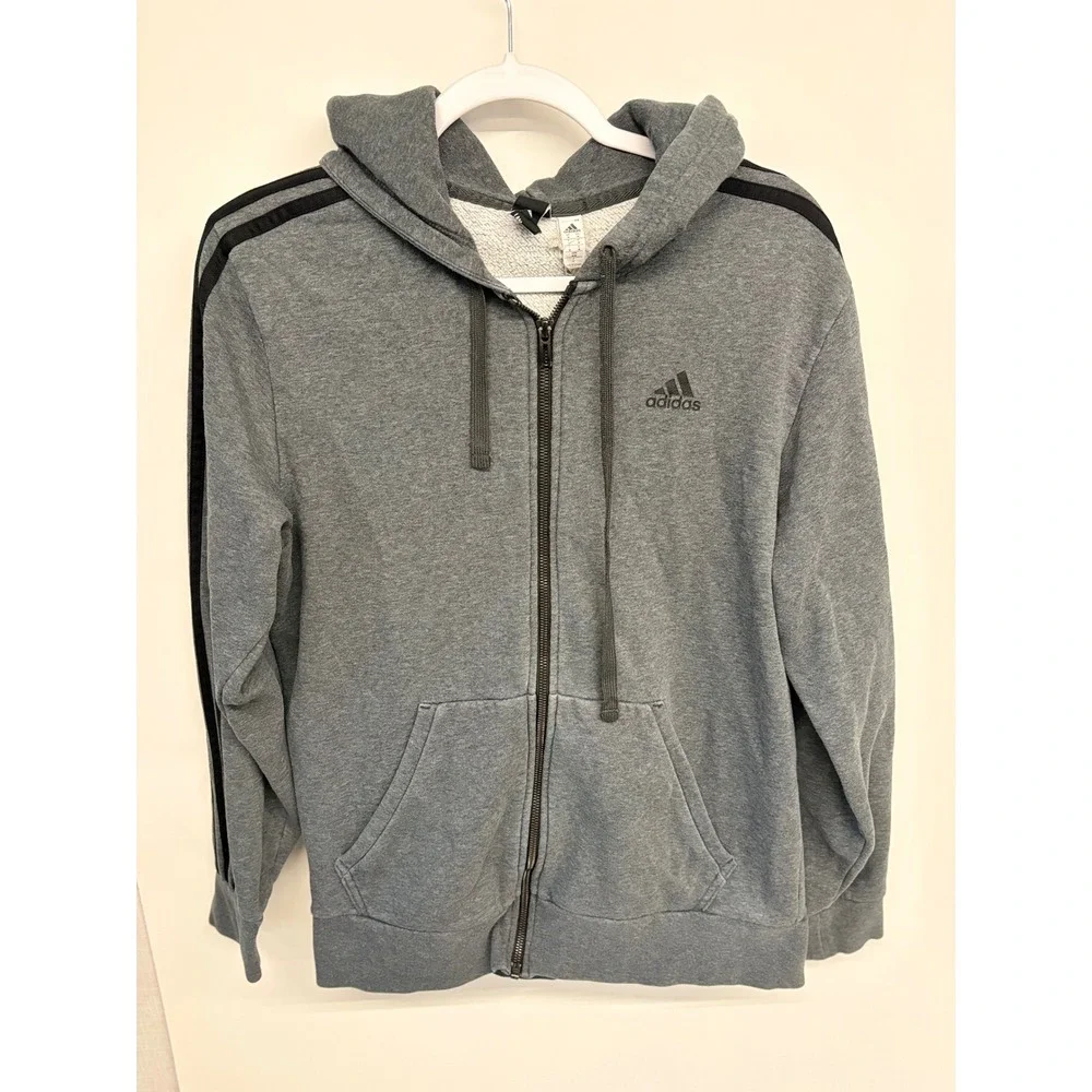 Adidas Sporty Zip Hoodie Men M Grey 3-Stripe Logo Athleisure Streetwear